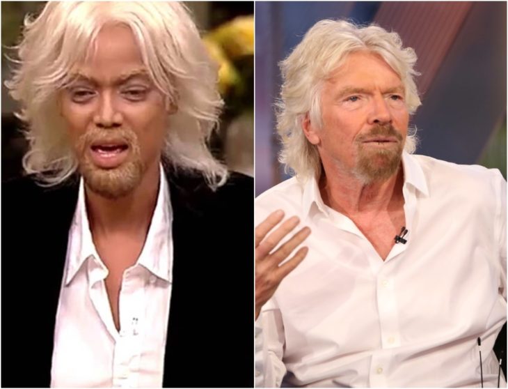 Tyra Banks disfrazada como Richard Branson con cabello largo blanco, camisa de cuello blanca