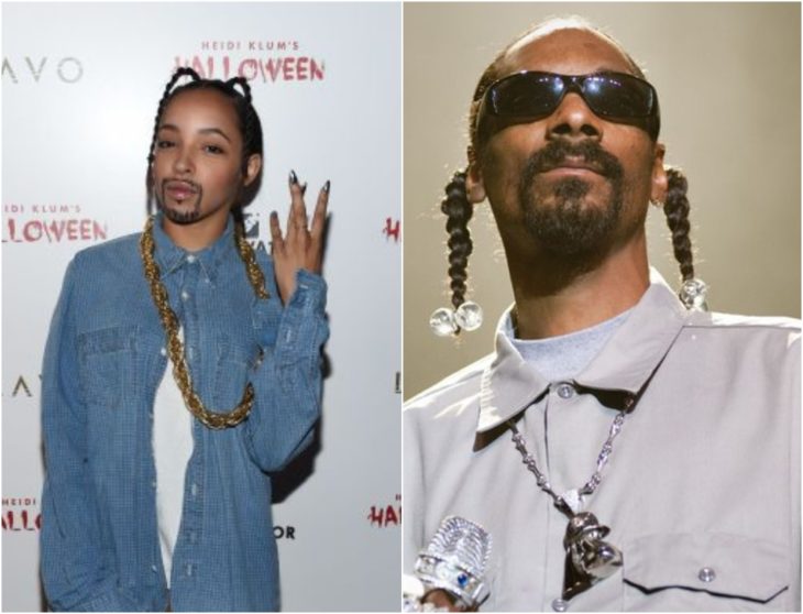 Tinashe disfrazada como Snoop Dogg con coletas trenzadas, barba de candado, gafas oscuras