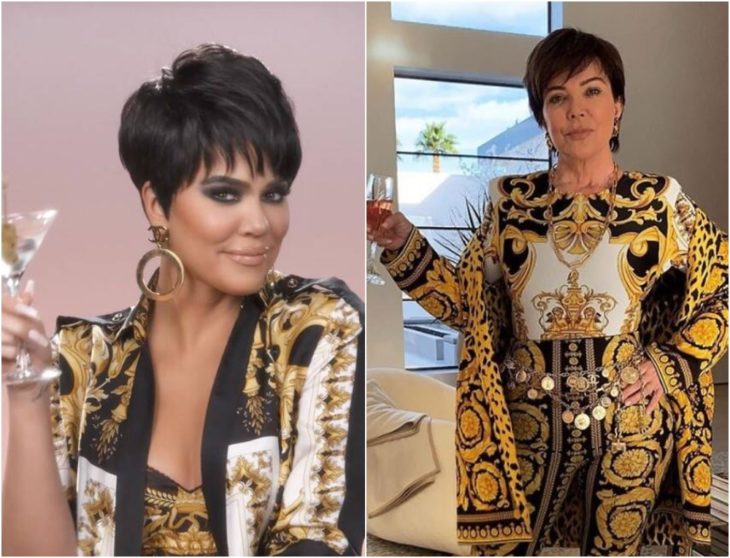 Khloé Kardashian disfrazada como Kris Jenner con traje sastre decorado en tonos negro y dorados sosteniendo una copa de vino tinto