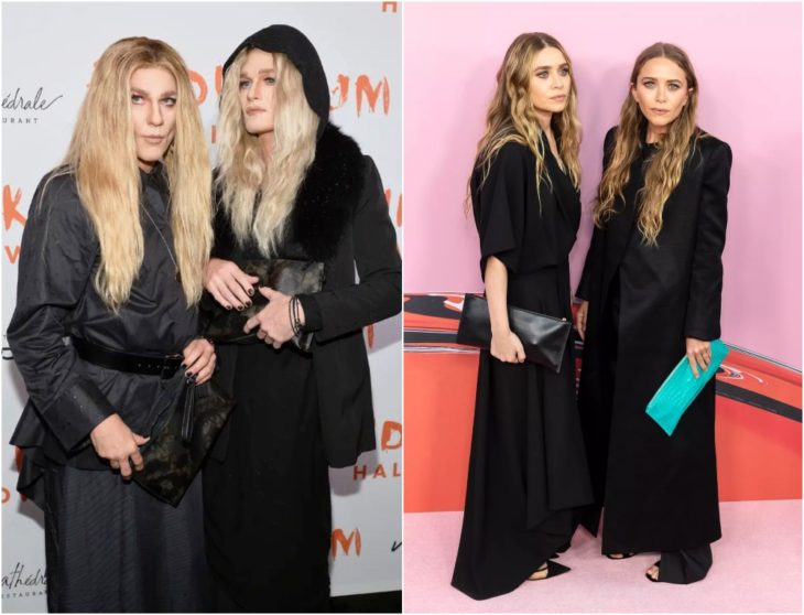 Neil Patrick Harris y David Burtka disfrazados como Mary-Kate y Ashley Olsen con vestidos negros hasta el tobillo