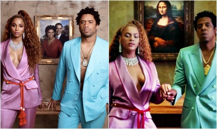 Ciara y Russell disfrazados como Beyoncé y Jay-Z con trajes sastres en colores rosas y azules 