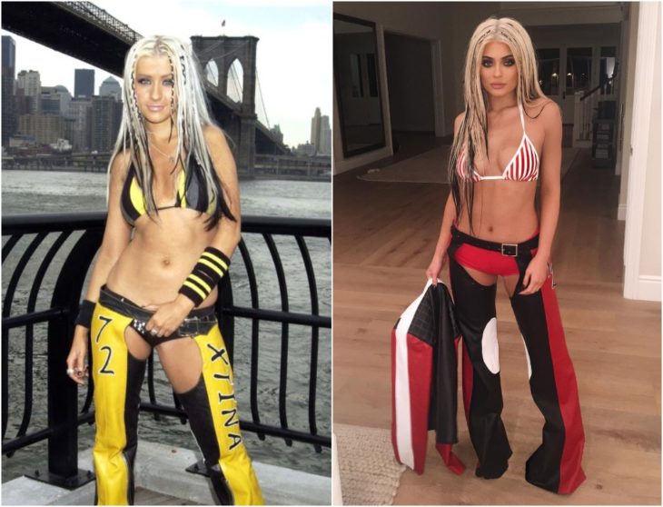 Kylie Jenner disfrazada como Christina Aguilera en el video Dirrty con tops de colores y pantalones rotos