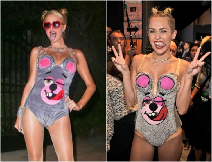 Paris Hilton disfrazada como Miley Cyrus con traje de baño plateado decorado con rostro de ratón rosa