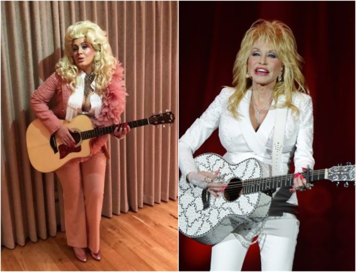 Adele disfrazada como Dolly Parton con traje sastre en color rosa palo, cabello rubio largo y guitarra de madera