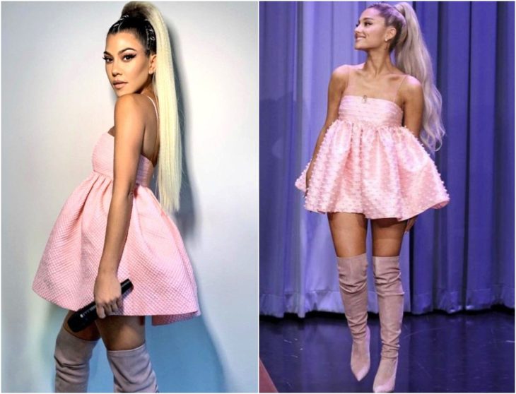 Kourtney Kardashian disfrazada como Ariana Grande con coleta alta en tono rubio y vestido ampón rosa pastel con botas de terciopelo lila