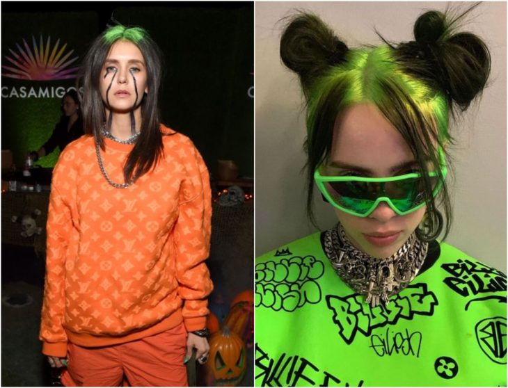 Nina Dobrev disfrazada como Billie Eilish con cabello teñido en verde y negro y ropa deportiva naranja