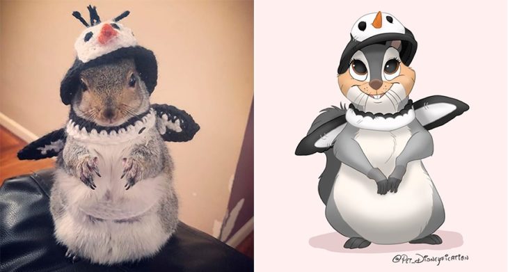 Dibujo 'Disneyficado' de una ardilla vestida de pingüino