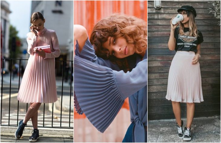 Chicas mostrando última tendencia en moda con vestidos, blusas y falas plisadas en colores rosa pastel, azul y rose gold