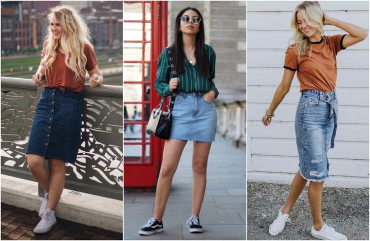 Chicas mostrando última tendencia en moda con faldas denim claro y oscuro en versiones corta y larga