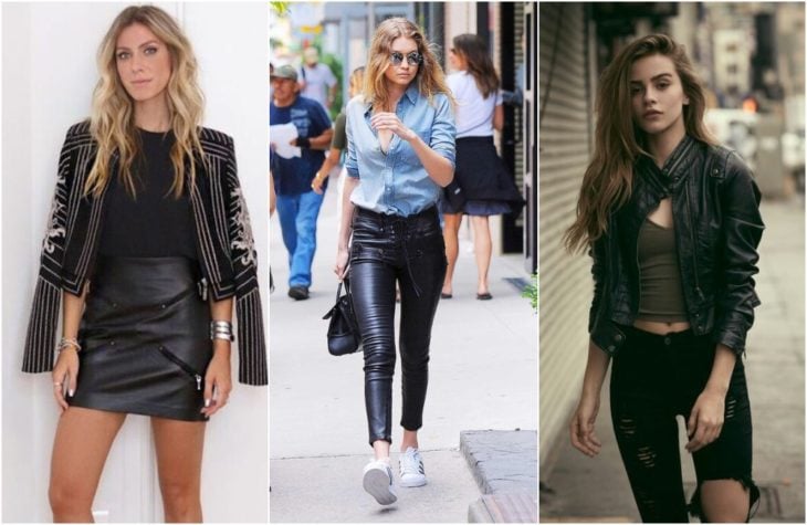 Chicas mostrando última tendencia en moda con prendas de cuero en pantalones, chaquetas y faldas en tono negro