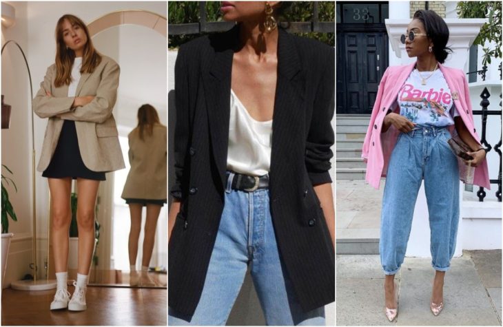 Chicas mostrando última tendencia en moda con blazers holgados en colores beige, fucsia y beige