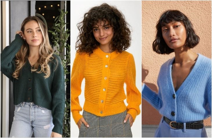 Chicas mostrando última tendencia en moda con suéteres ligeros, tejidos, en colores verde, mostaza y azul cielo 