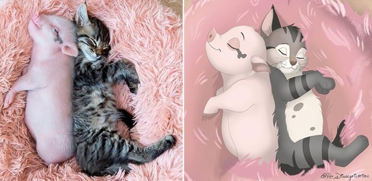 Dibujo 'Disneyficado' de un puerquito y un gatito durmiendo