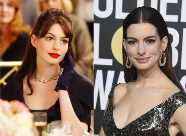 Antes y después de los personajes de El diablo viste a la moda. Andrea Sachs interpretada por Anne Hathaway