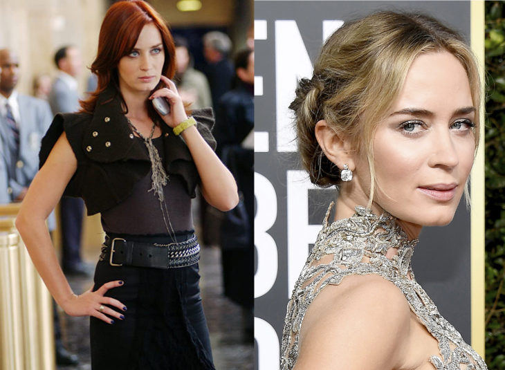 Emily interpretada por Emily Blunt en el diablo viste a la moda, antes y ahora 