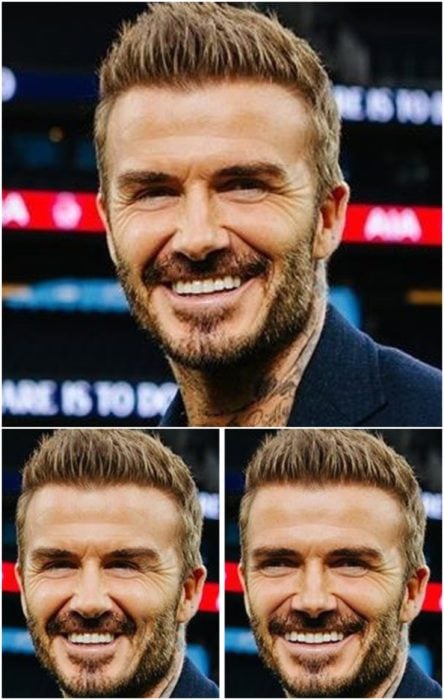 David Beckham sonriendo, llevando un saco azul marino, comparación de su rostro simétrico en izquierda y derecha 