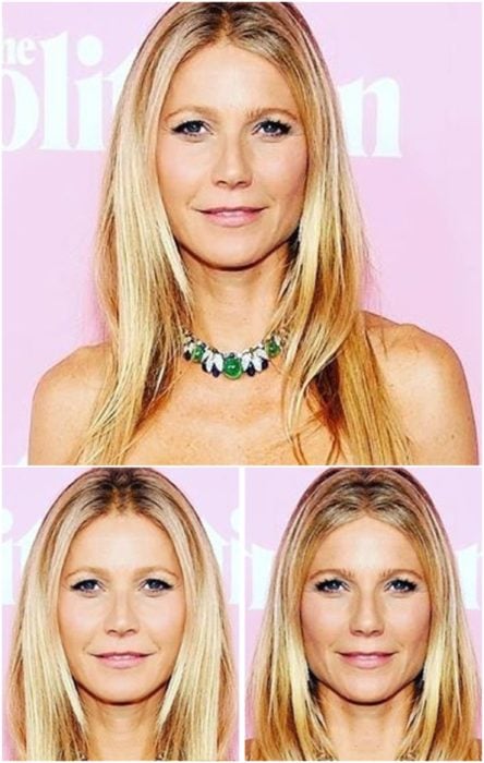 Gwyneth Paltrow comparación de su rostro simétrico en izquierda y derecha en una alfombra roja llevando un collar de piedras verdes