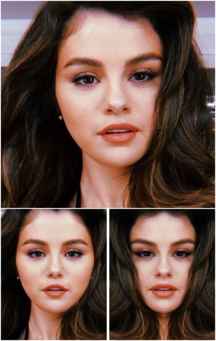 Selena Gomez comparación de su rostro simétrico en izquierda y derecha en una selfie donde muestra su larga melena negra
