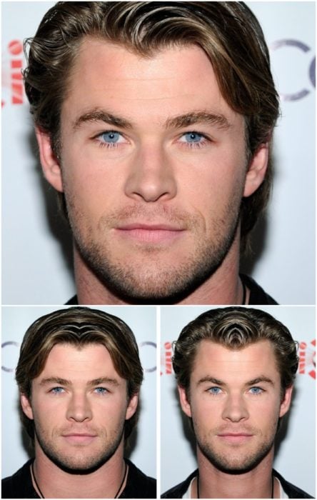 Chris Hemsworth comparación de su rostro simétrico en izquierda y derecha, e una alfrombra roja de Guardianes de la galaxia de Marvel