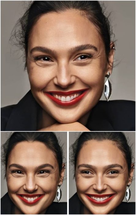 Gal Gadot con labial rojo, sonriendo, comparación de su rostro simétrico en izquierda y derecha