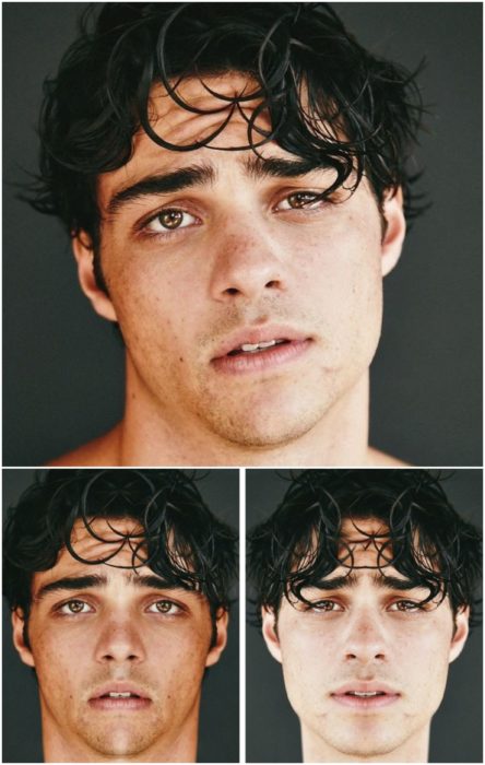 Noah Centineo comparación de su rostro simétrico en izquierda y derecha, con cabello de aspecto húmedo 