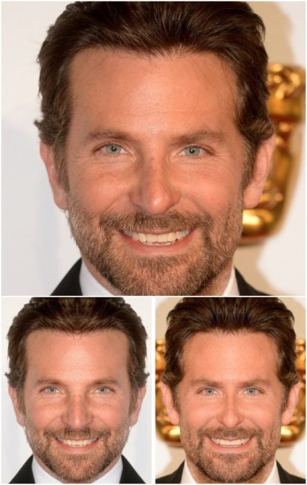 Bradley Cooper comparación de su rostro simétrico en izquierda y derecha, sonriendo en una entrega de premios Óscar