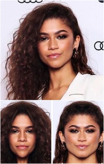 Zendaya comparación de su rostro simétrico en izquierda y derecha sonriendo ligeramente, llevando un traje sastre en color blanco