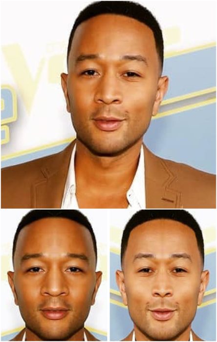 John Legend comparación de su rostro simétrico en izquierda y derecha en una alfombra roja llevando un saco color caqui