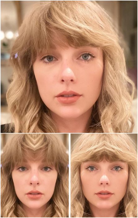 Taylor Swift comparación de su rostro simétrico en izquierda y derecha con cabello corto a melena