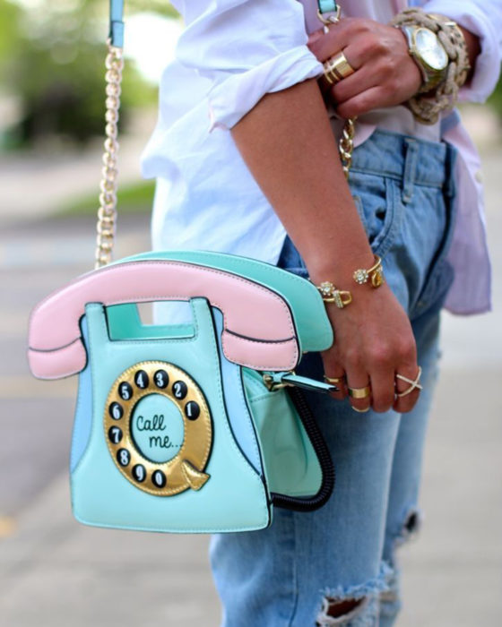 Bolsas kawaii bonitas y originales; bolso de teléfono de disco rosa con azul