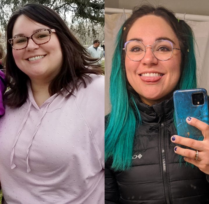 Chica de cabello verde antes y después de bajar de peso