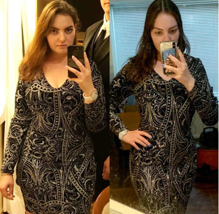 Mujer con vestido antes y después de bajar de peso