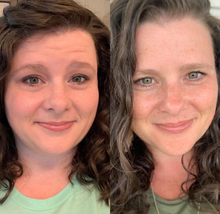 Mujer de ojos azules y pecas antes y después de bajar de peso