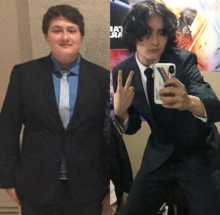 Chico con traje antes y después de bajar de peso