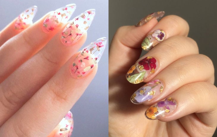Colores de manicura; uñas transparentes con flores