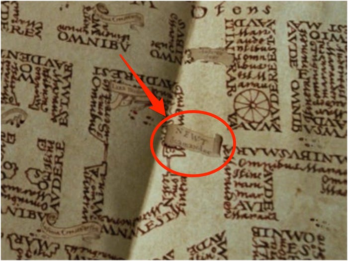Mapa del merodeador en el que aparece Newt Escamander en las películas de Harry Potter 