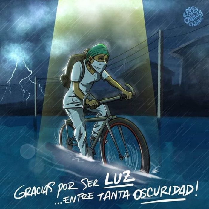 Ilustración de una enfermera manejando su bicicleta mientras llueve y las calles están inundadas 