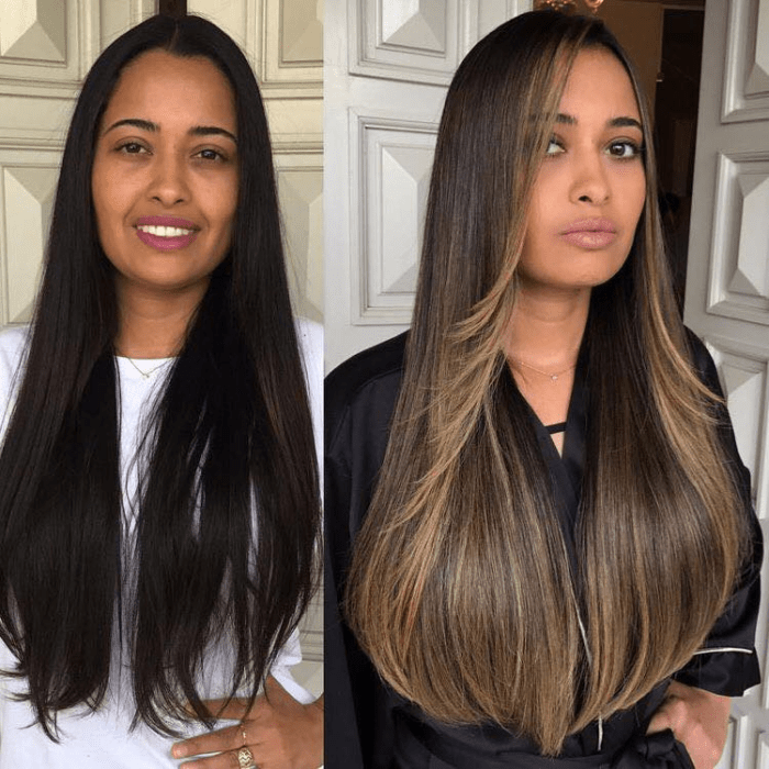 antes y después de chicas morenas con luces en el cabello