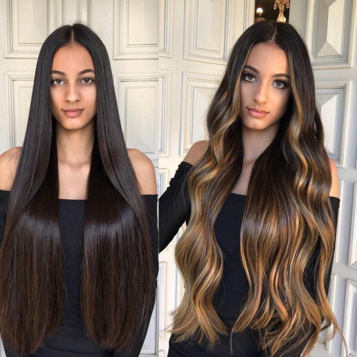 antes y después de chicas morenas con luces en el cabello