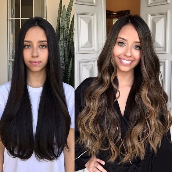 antes y después de chicas morenas con luces en el cabello