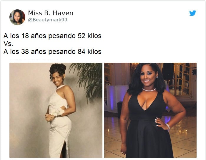Mujer antes y después de subir de peso. Llevando vestido blanco de graduación y vestido negro con escote 