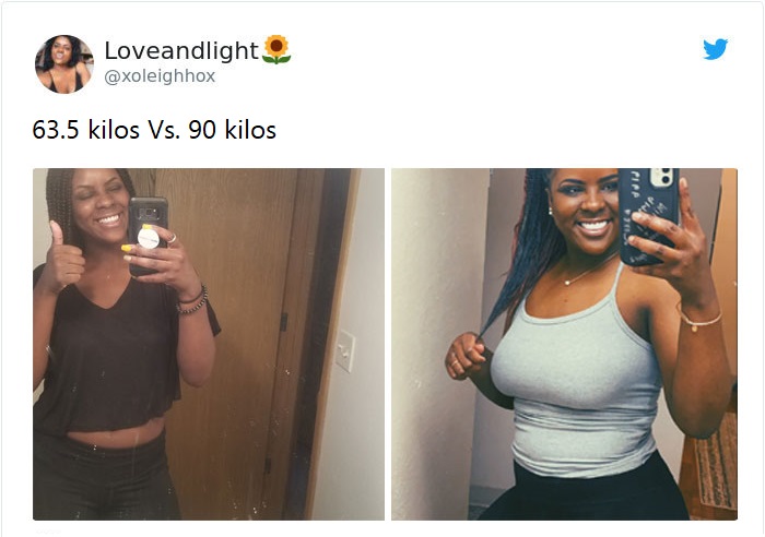 Mujer antes y después de subir de peso llevando blusas cortas en tono negro y menta