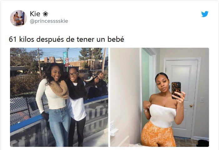 Mujer antes y después de subir de peso, con top blanco con jeans azules, tomando una selfie frente al espejo
