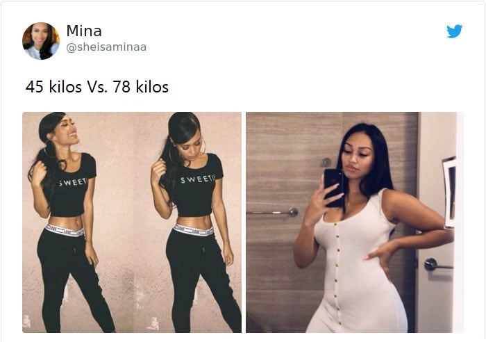 Mujer antes y después de subir de peso, con jeans negros y vestido blanco de tirantes, tomando una selfie frente al espejo