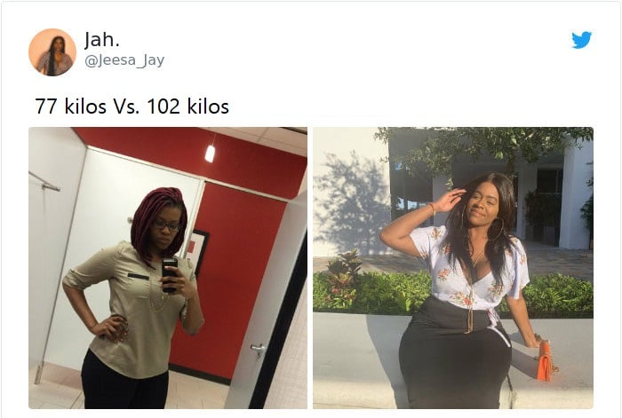 Mujer antes y después de subir de peso con pantalón negro y blusa en tonos claro tomando una selfie frente al espejo
