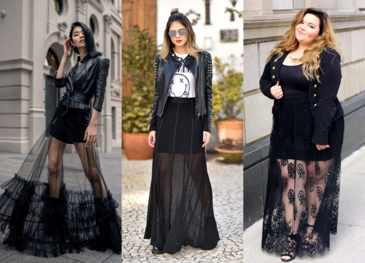 Ropa trendy, outfits; faldas negras con transparencias