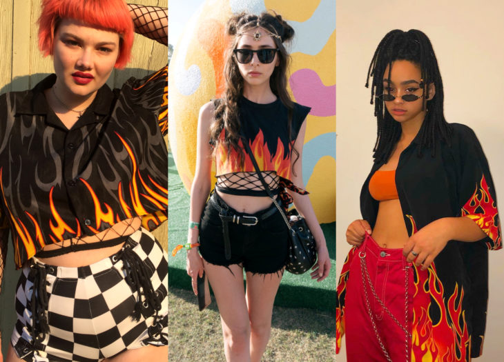 Ropa trendy, outfits; blusas con estampado de flamas anaranjadas, chica de cabello de hongo teñido de naranja, mujer con atuendo de festival de música, chica afroamericana con trenzas