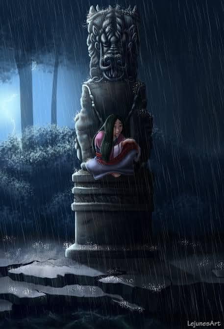 Mulan sentada en el Gran Dragón de Piedra mientras está lloviendo 