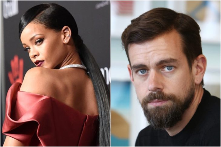 Rihanna y Jack Dorsey donan 15 millones de dólares a los servicios de salud mental antes Covid-19. RIhanna posando de espaldas con vestido rojo cereza y peinado de coleta baja, Dorsey Ceo de Twiter con barba cerrada, cabello castaño, ojos azules