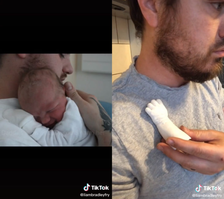Challenge triste de TikTok; foto antes y después con ser querido que ya no está; papá cargando a su bebé